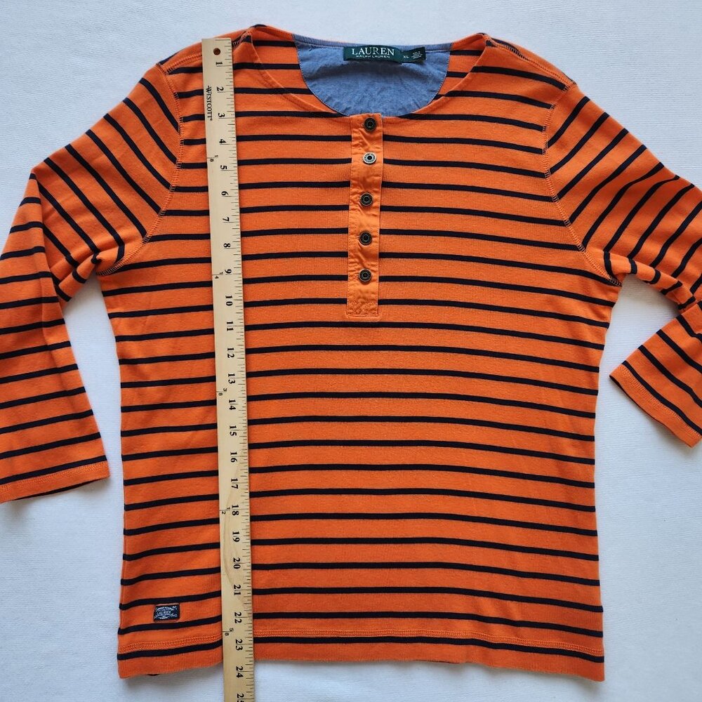 Lauren Ralph Lauren Orange & Navy Striped Button Henley Top Stretchy Comfy Soft - Picture 6 of 7